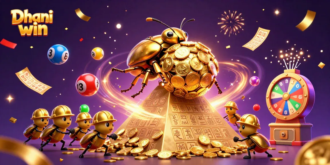 Dhani win - Engage in colorful lottery excitement featuring dynamic lottery elements and a golden beetle.