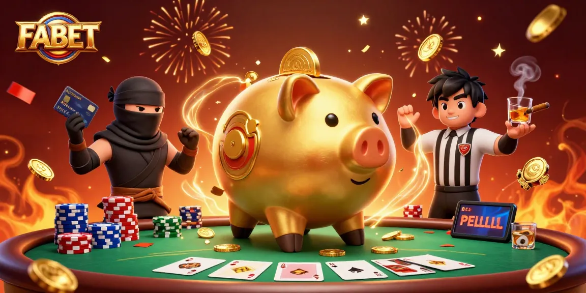 Experience exciting gameplay with FABET as golden coins, poker chips, and colorful cards fill the scene.