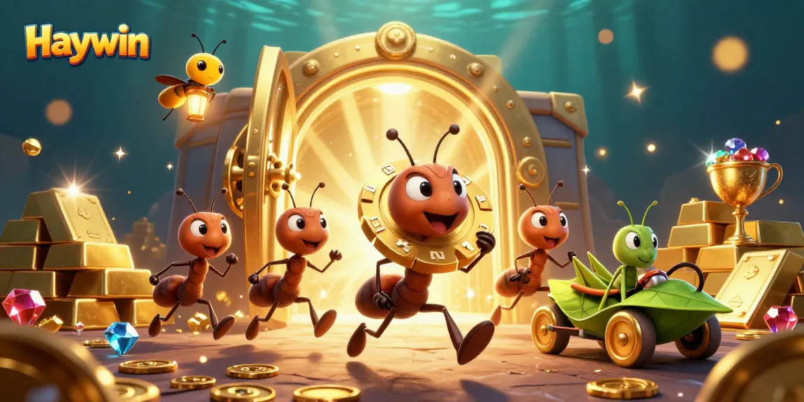 Haywin ants heist illustration with poker chip, golden treasures, and vibrant casino themes