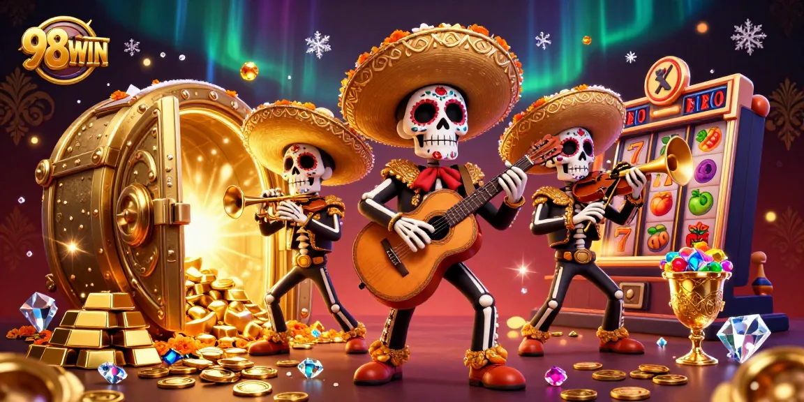 Win big with 98WIN at a vibrant casino scene featuring colorful mariachi skeletons.