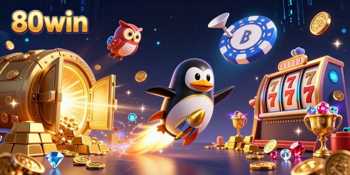 Experience thrilling wins with 80win's exciting games featuring a golden penguin and vibrant treasures.