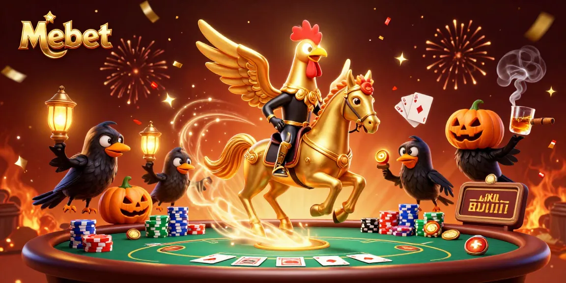 Mebet showcases a dynamic, vibrant casino scene with a golden rooster and pumpkin-headed crows amidst poker action.