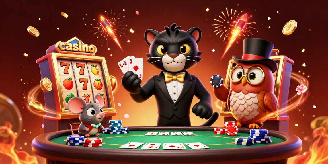 Energetic casino scene with panther dealer, owl holding chips, and mouse amid vibrant symbols.