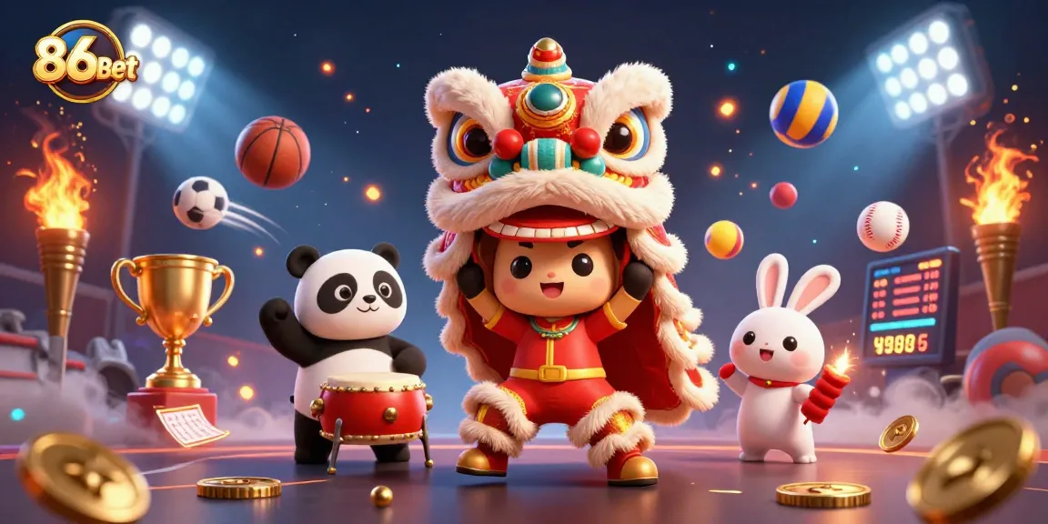 Engage with thrilling 86Bet action featuring a vibrant lion dance, drumming panda, and dynamic sports elements.