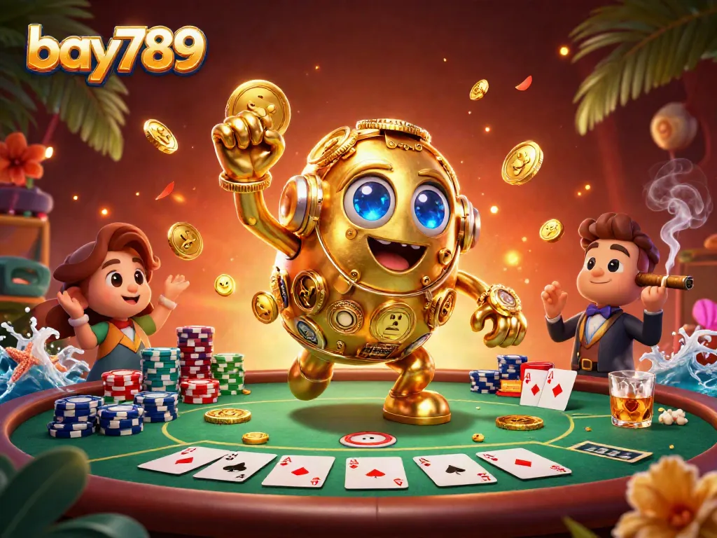 Engage with bay789's exhilarating golden golem in a vibrant 3D casino illustration.