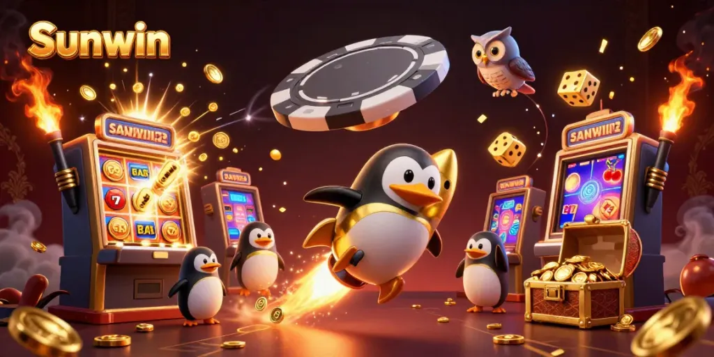 Engage in winning strategies with Sunwin's vibrant casino gaming experience featuring a dynamic penguin and casino elements.