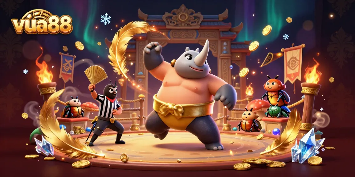 Experience thrilling action at vua88 with a dynamic illustration featuring vibrant beetle champions and flying coins.