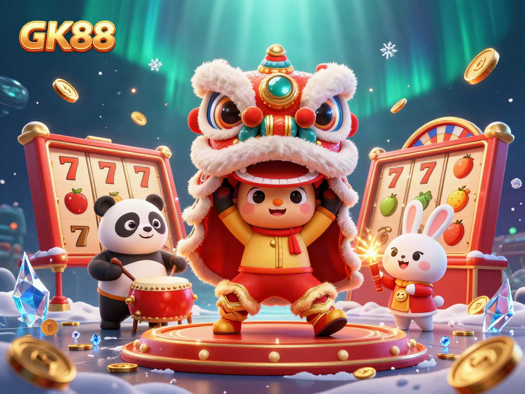 Experience the excitement of GK88 with a lively casino-themed illustration featuring colorful characters and vibrant gameplay elements.
