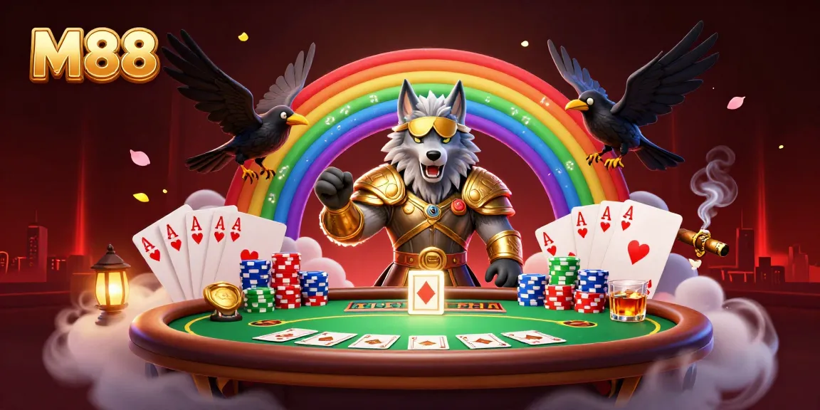 M88 engages players with a colorful casino scene of Odin and ravens amidst dynamic poker elements.