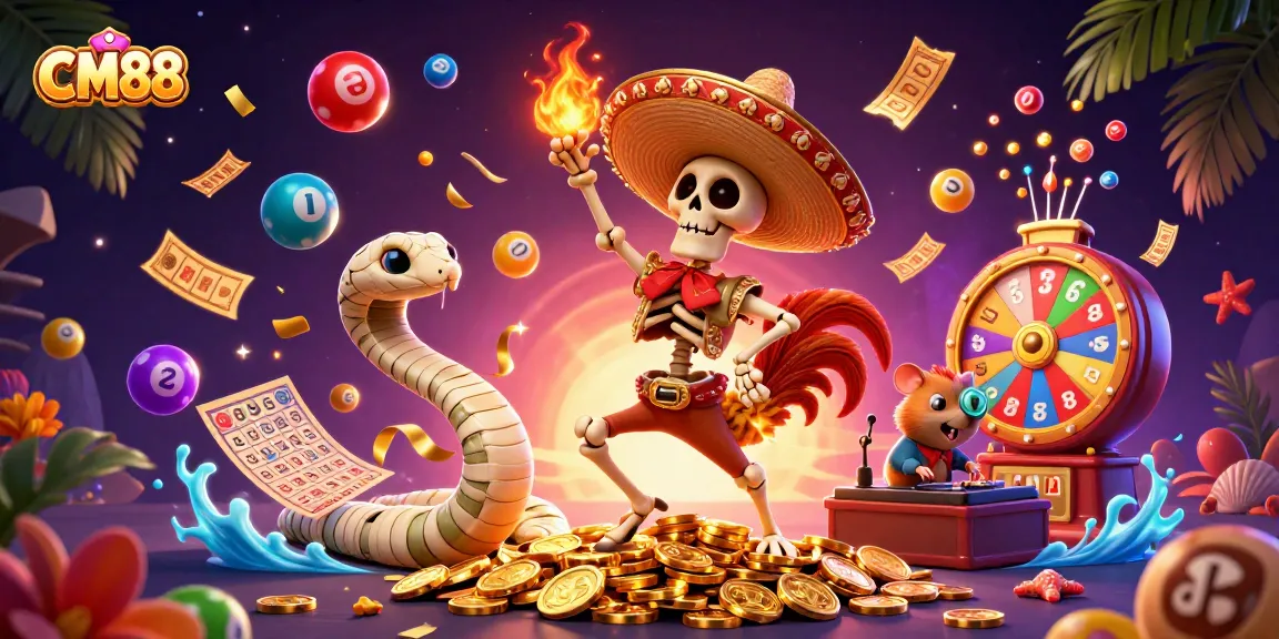 Experience the thrill of CM88 with vibrant lottery elements and animated characters in a dynamic casino scene.