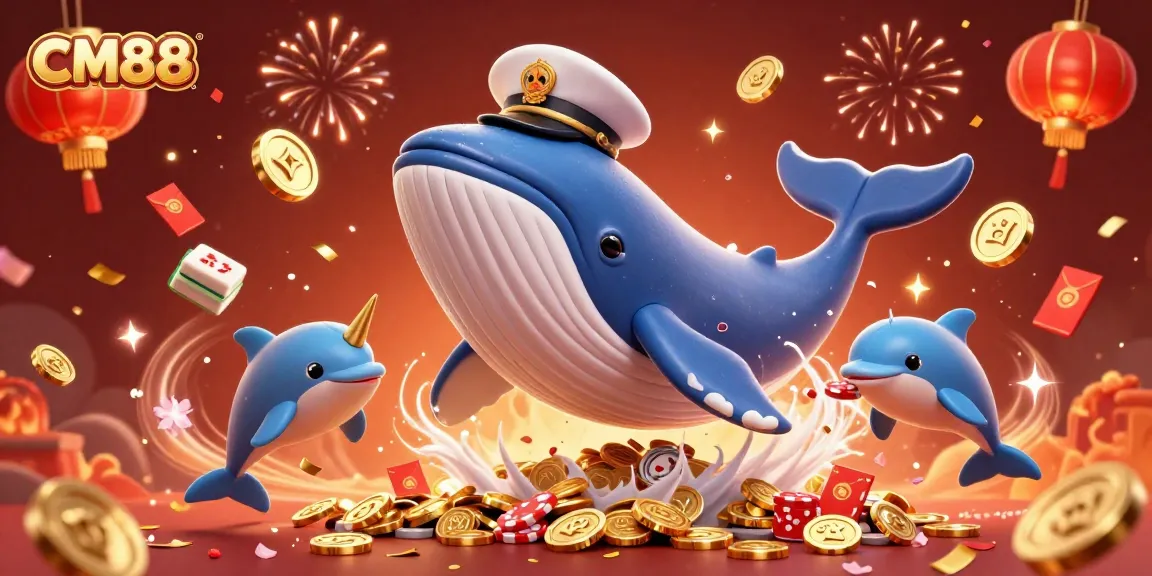Engage with CM88 by exploring a vibrant 3D illustration of a whale navigating a sea of coins, revealing thrilling casino action.