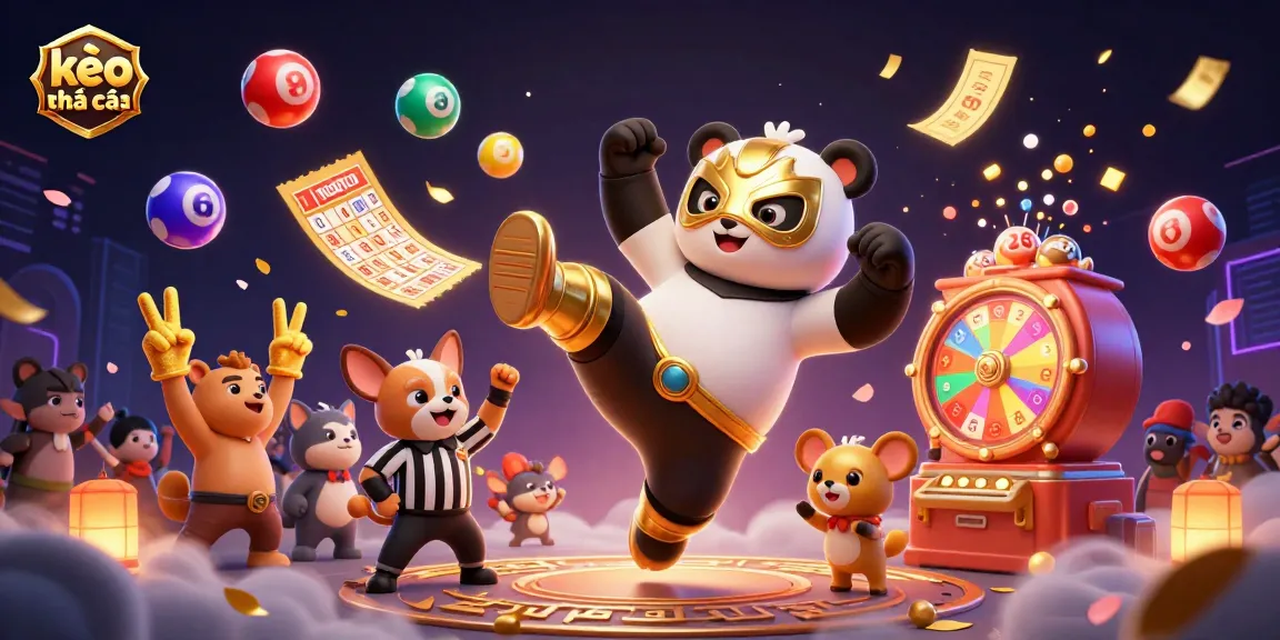 Bet on kèo nhà cái with excitement as a panda wrestler performs amidst a lively scene of gambling elements.