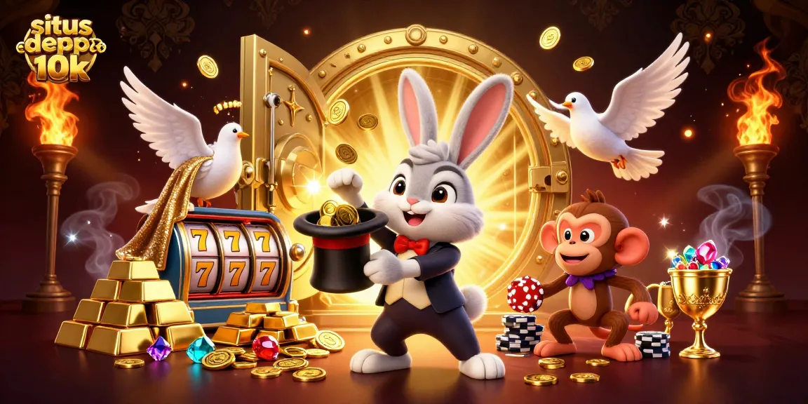 Situs depo 10k gathers excitement with a magician rabbit and friends amidst sparkling slot game elements.