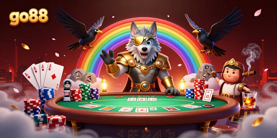 Experience go88's thrilling casino atmosphere with Odin, ravens, and captivating poker elements.