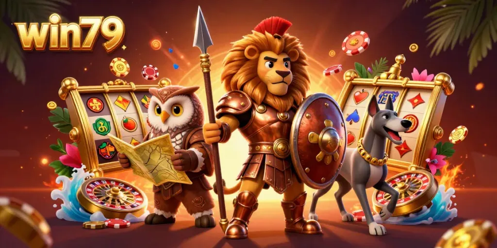 Win79 energizes players with vibrant slot reels and a dynamic Spartan lion surrounded by gaming elements.