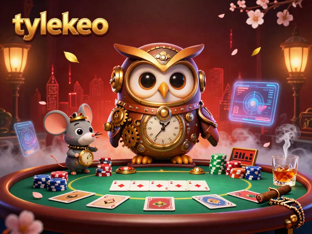 Engage with tylekeo on a vibrant casino scene featuring a time-traveling owl and poker action.
