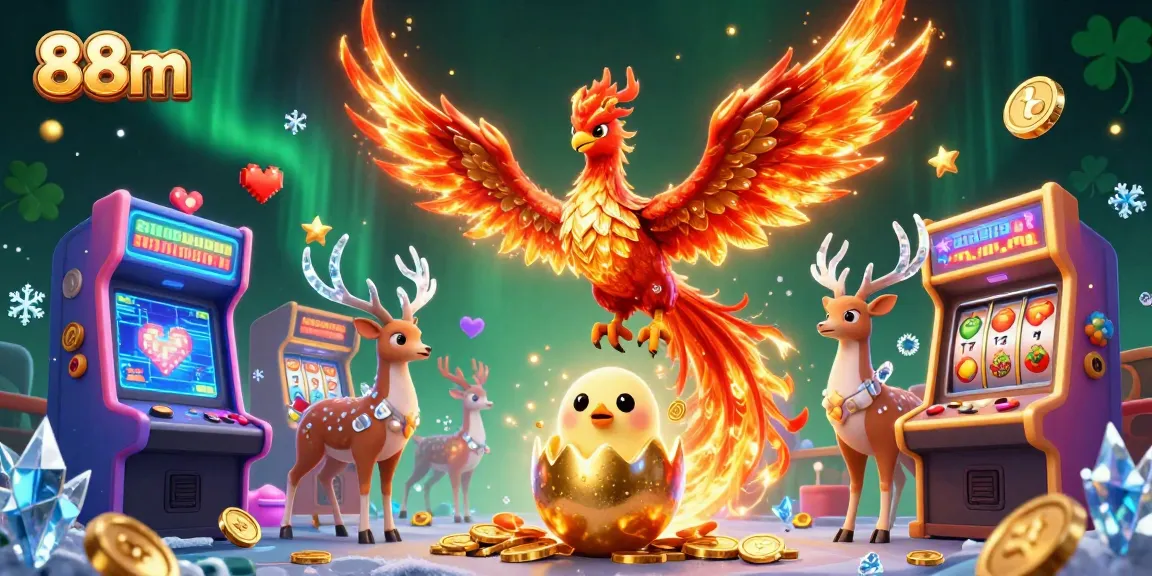 Experience thrilling wins with 88m in this vibrant 3D casino illustration packed with action and elements.