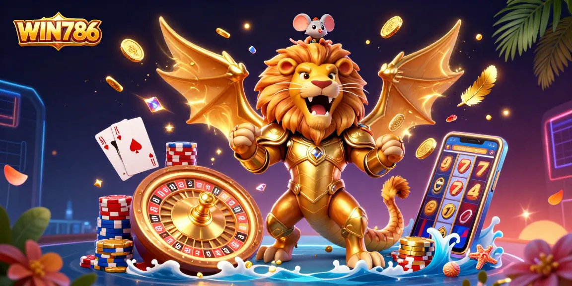 Experience exhilarating wins at WIN786 with the vibrant chimera amidst dazzling casino elements and golden treasures.