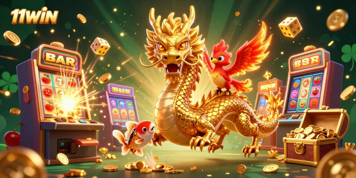 Experience winning thrills with 11WIN's dynamic casino scene featuring mythical dragons and vibrant symbols.