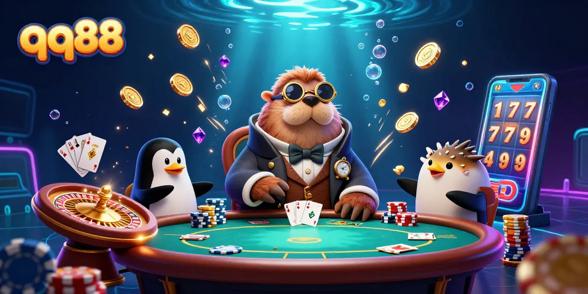 Engage in excitement at qq88 with a lively underwater poker scene featuring a walrus, penguin dealer, and pufferfish.